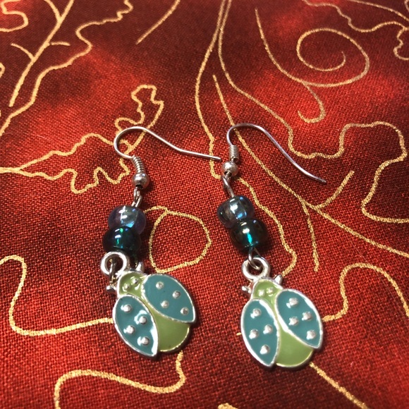 Ladybug earrings blue and green new handmade - Picture 1 of 2